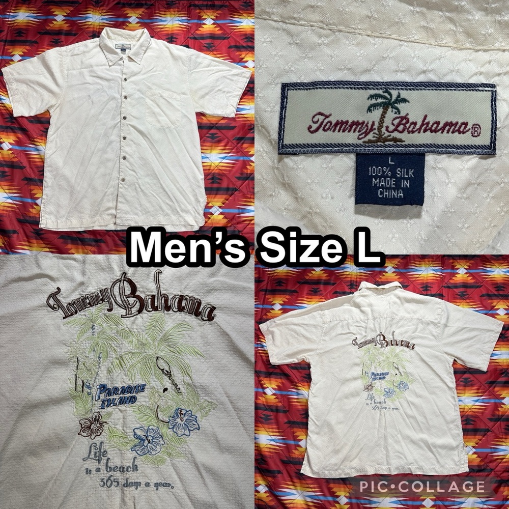 Tommy Bahama Button Up Beige Shirt Mens Size Large Embroidered Life Is A Beach